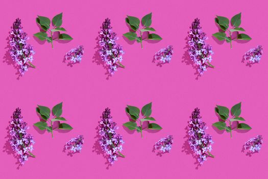 Trendy isometric Seamless continuous pattern with spring lilac flowers and green leaf. Minimalist concept. Space for text