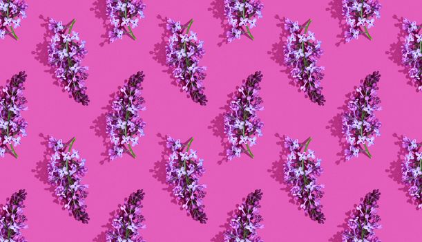 Trendy isometric Seamless continuous pattern with spring lilac flowers and green leaf. Minimalist concept. Space for text