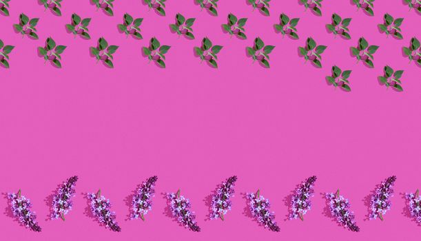 Trendy isometric Seamless continuous pattern with spring lilac flowers and green leaf. Minimalist concept. Space for text