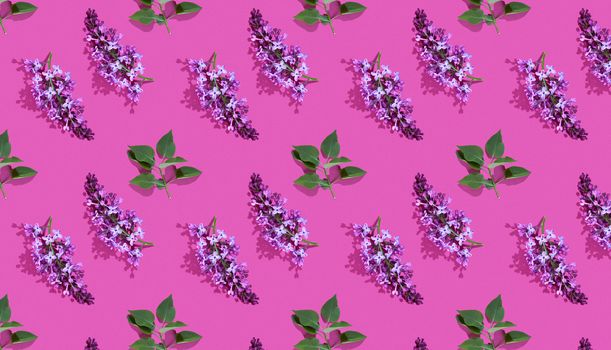Trendy isometric Seamless continuous pattern with spring lilac flowers and green leaf. Minimalist concept. Space for text