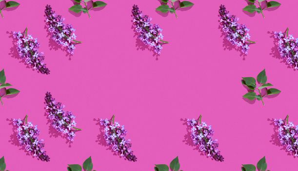 Trendy isometric Seamless continuous pattern with spring lilac flowers and green leaf. Minimalist concept. Space for text