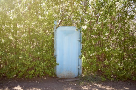 blue iron door surrounded by green trees . High quality photo