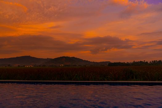 Unusual orange fiery sunset in the tropics. View from the pool to a rice field and mountains.