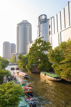Bangkok river canal by which boats boat river taxi Khlong. Public river transport in Bangkok