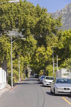 Street in the town of Claremont, Cape Town, South Africa. Sunny weather in the summer.