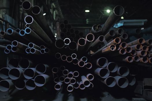 Pipes in a warehouse at the factory. Pumped compressor pipes.