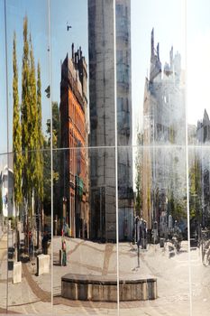 Mirrored reflection  from the Torchwood water tower in Cardiff Bay Wales UK a popular travel destination landmark of the city stock photo