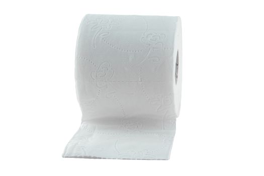 Toilet paper isolated on white. Supply for Quarantine cause of covid.  Because of coronavirus crisis restroom tissue is desperate buy. Hygiene bathroom roll cut out studio shot. 