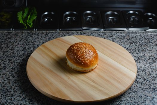 Pizza bun rests on a wooden pizza tray Beautiful concept background