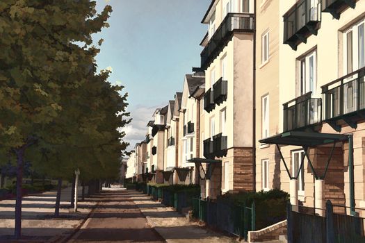 Modern new terraced houses and apartment flats in Cardiff Wales UK  painting illustration effect image stock photo