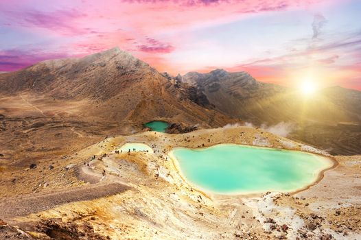 View at beautiful sunrise over Emerald lakes on Tongariro Crossing track, Tongariro National Park, New Zealand