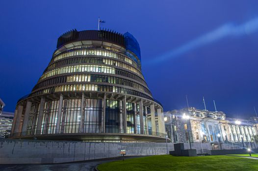 The Beehive building houses executive of New Zealand Parliament. It is located in Wellington