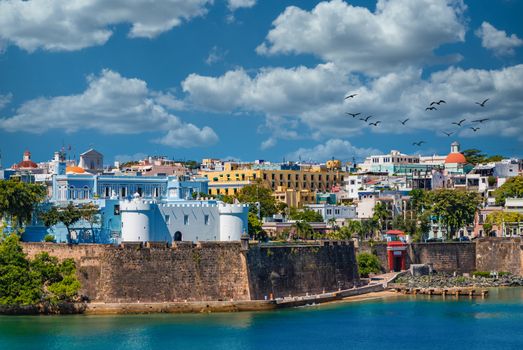 Colorful, historical buildings on the coast of Old San Juan, Puerto Rico