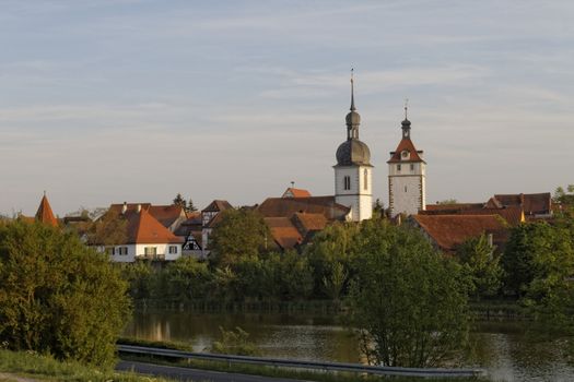 the city Prichsenstadt - Bavaria - Germany - City Tower and church - smalest city in Bavaria