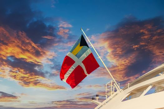 The Flag of Bahamas Registry flying on a cruise ship