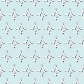 White compass silhouette on pale blue background, seamless pattern. Paper cut style with drop shadows and highlights.