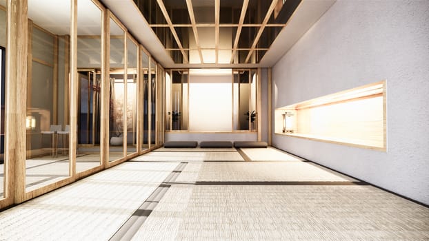 Nihon room design interior with door paper and cabinet shelf wall on tatami mat floor room japanese style. 3D rendering