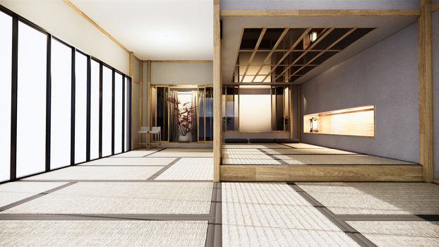 Nihon room design interior with door paper and cabinet shelf wall on tatami mat floor room japanese style. 3D rendering