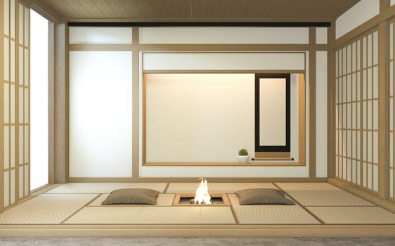 Nihon room design interior with door paper and cabinet shelf wall on tatami mat floor room japanese style. 3D rendering