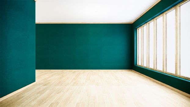 Green wall on wood floor interior. 3D rendering