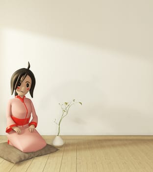 Cartoon girl in kimono on room interior japanese style. 3D rendering