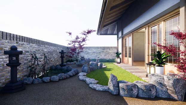 Japanese garden tropical exterior design japan style.3D rendering