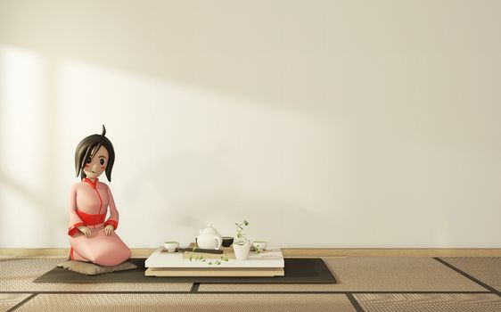 Cartoon girl in kimono on room interior japanese style. 3D rendering