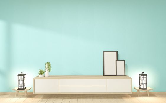 Cabinet wooden in mint empty interior room style, 3d rendering