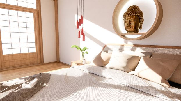 bedroom mock up with wooden bed in japan minimal design. 3D rendering.