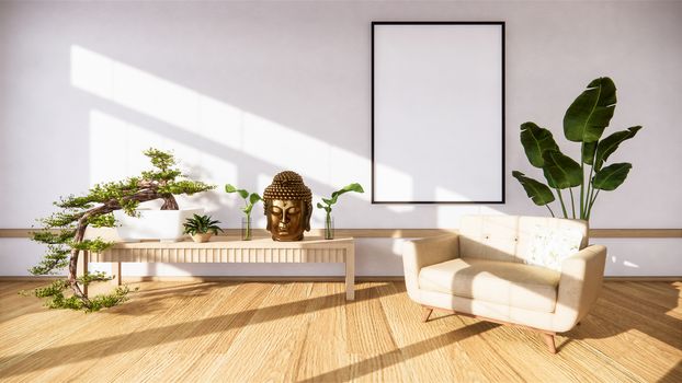 Bonsai tree on cabinet wooden on wall room zen style and decoraion wooden design, earth tone.3D rendering