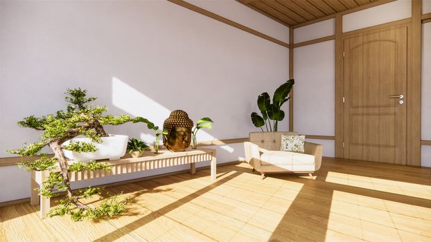 Bonsai tree on cabinet wooden on wall room zen style and decoraion wooden design, earth tone.3D rendering