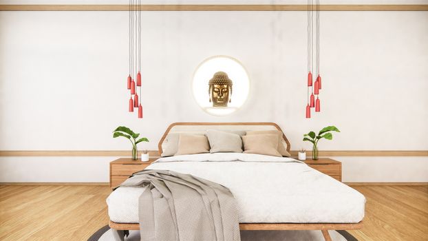 bedroom mock up with wooden bed in japan minimal design. 3D rendering.