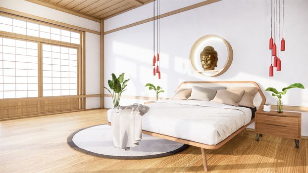 bedroom mock up with wooden bed in japan minimal design. 3D rendering.