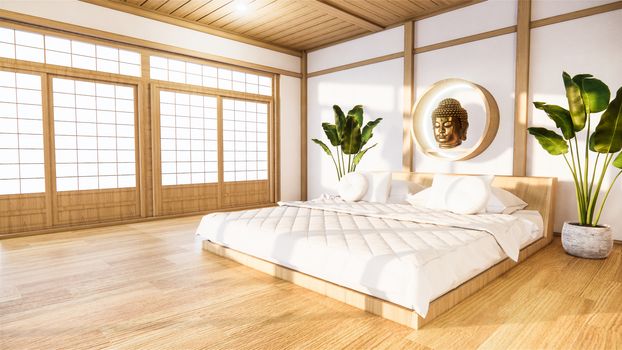 bedroom mock up with wooden bed in japan minimal design. 3D rendering.