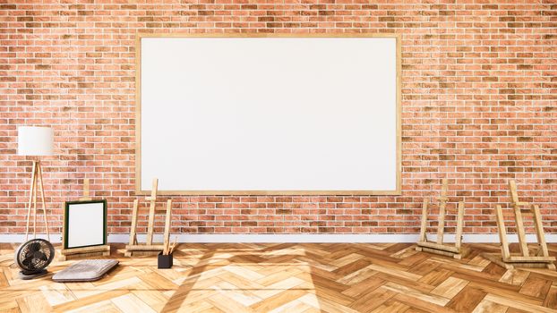 Empty - Living Room white brick wall Loft Style Interior Design. 3D Rendering