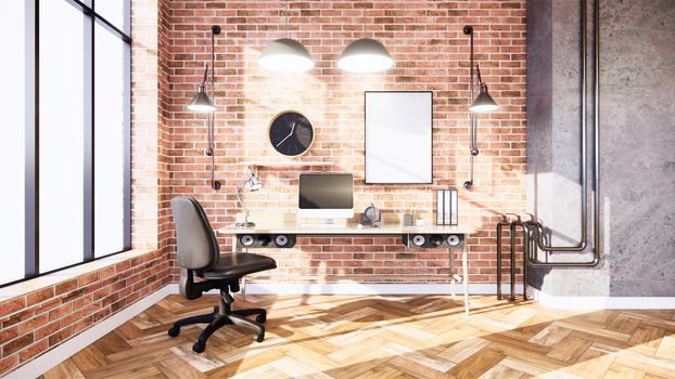 Business room  Empty Loft style with white brick and concrete wall design loft style.3D rendering