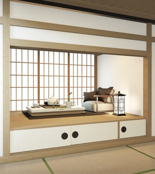 Nihon room design interior with door paper and cabinet shelf wall on tatami mat floor room japanese style. 3D rendering
