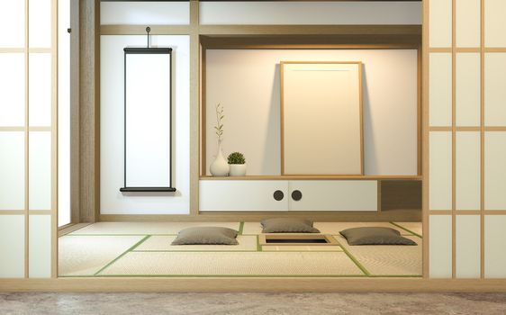 Nihon room design interior with door paper and cabinet shelf wall on tatami mat floor room japanese style. 3D rendering