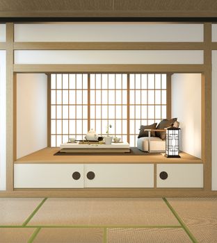 Nihon room design interior with door paper and cabinet shelf wall on tatami mat floor room japanese style. 3D rendering