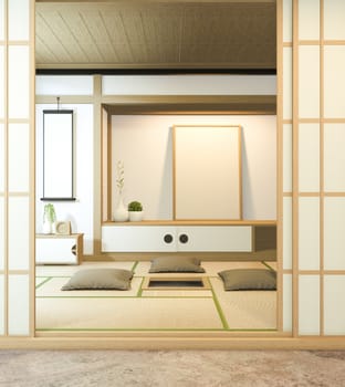 Nihon room design interior with door paper and cabinet shelf wall on tatami mat floor room japanese style. 3D rendering