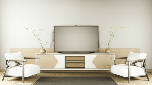 TV cabinet and display japanese interior of living room and the black background for editing. 3d rendering