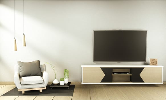 TV cabinet and display japanese interior of living room and the black background for editing. 3d rendering