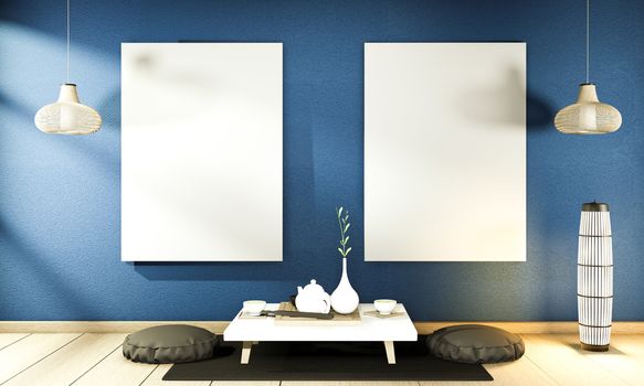 interior mock up Chinese style dark blue Room interior. 3D rendering