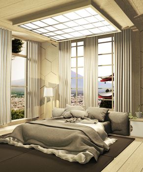 The modern bedroom is luxurious, Japanese style and looks at Mount Fuji in the window and can be edited with a view. 3D rendering