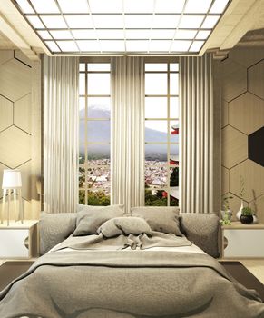 The modern bedroom is luxurious, Japanese style and looks at Mount Fuji in the window and can be edited with a view. 3D rendering