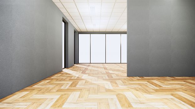 empty room interior with wooden floor on white wall background. 3D rendering