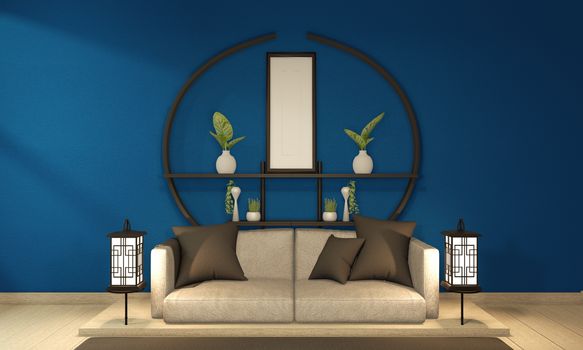 Modern Zen living room interior, white sofa and decor Japanese style on room dark blue wall background. 3d rendering