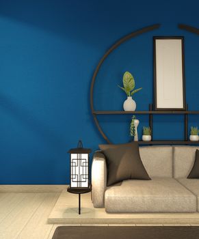 Modern Zen living room interior, white sofa and decor Japanese style on room dark blue wall background. 3d rendering