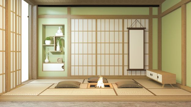 Nihon green room design interior with door paper and cabinet shelf wall on tatami mat floor room japanese style. 3D rendering