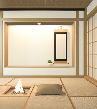 Nihon room design interior with door paper and cabinet shelf wall on tatami mat floor room japanese style. 3D rendering